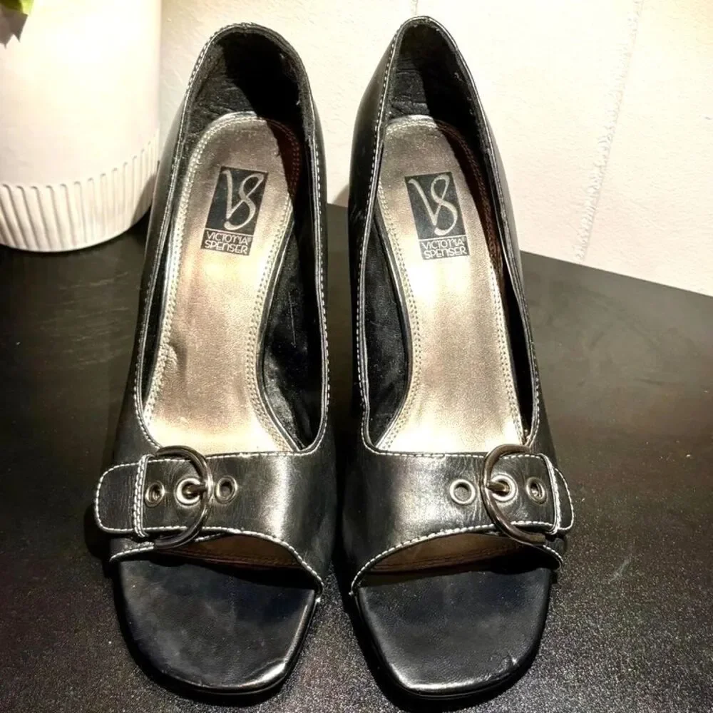 Vintage Victoria Spenser Black Leather Peep Toe 3